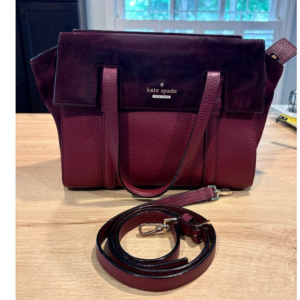 Kate Spade Burgundy Pebbled Leather and Suede Satchel Crossbody Bag